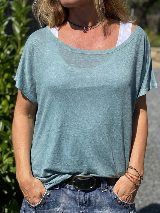 Básica manga corta cuello barco lino verde jade